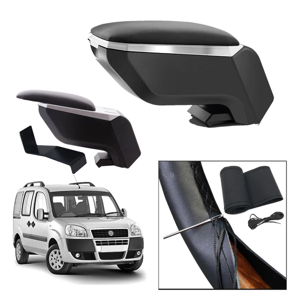 Lüks Set Fiat Doblo 2008 Delmesiz Çelik Ayaklı Gri-Siyah Kolçak Kol Dayama, Direksiyon Kılıfı