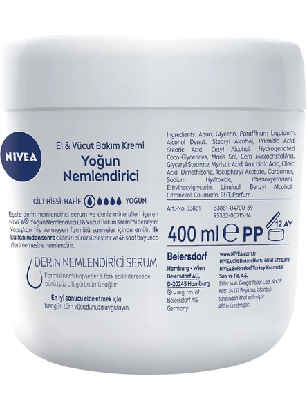 NIVEA El ve Vücut Bakım Kremi Yoğun Nemlendirici 400ml, 48 Saat Nemlendirici, Deniz Mineralleri - Resim 3