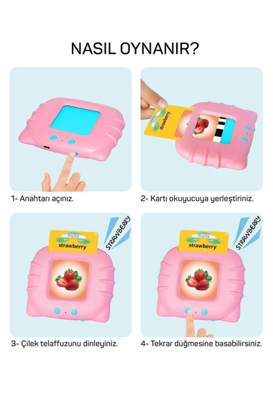 Erken Öğrenim Kartları- Ingilizce Konuşan Sesli Flash Kartlar 112 Kart 224 Görsel Pembe - 2