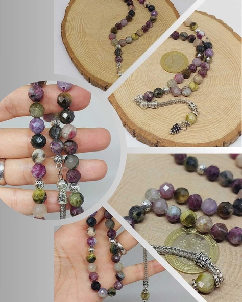 Turmalin Taşı Karışık Renkler Üst Segment Faset Kesim 33lük Tesbih 8mm (36530) ürün görseli