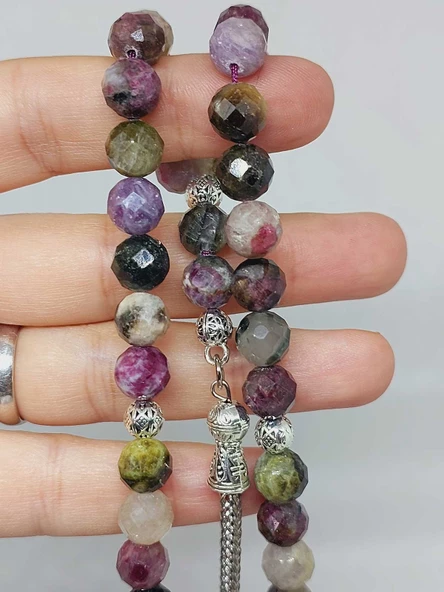 Turmalin Taşı Karışık Renkler Üst Segment Faset Kesim 33lük Tesbih 8mm (36530) - Resim 2