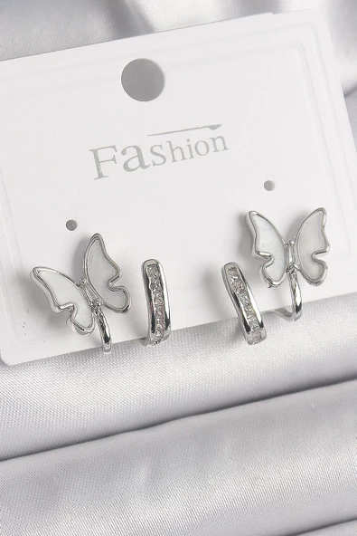 Pirinç Gümüş Renk Zirkon Taş Detaylı Beyaz Sedefli Kelebek Model Kadın Küpe - TJ-BKP9869 ürün görseli