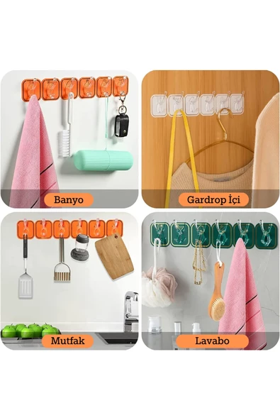 TİNEKE 6 Kancalı Kendinden Yapışkanlı Askı Tek Parça Renkli Pratik Duvar, Banyo, Mutfak Askısı - 3