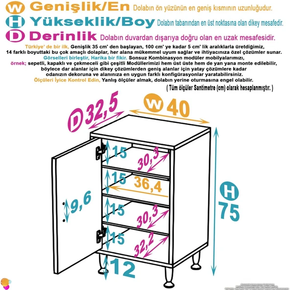 Modilayn SÖKE Küçük Alanlar İçin Akıllı Çözümler 40x75x32,5 cm’ lik 1 Kapaklı 4 Göz Raf Dolap - Resim 4