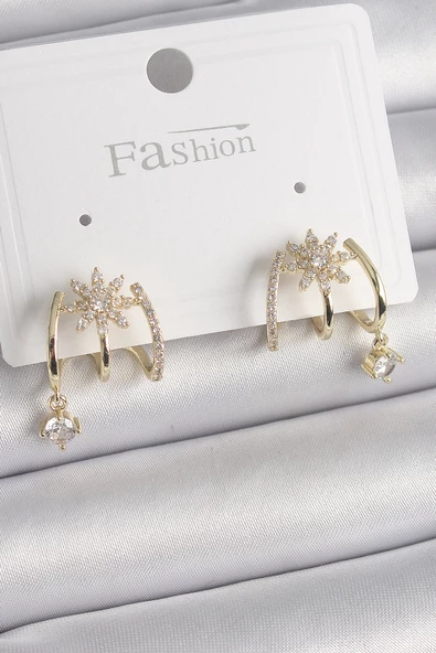 Pirinç Gold Renk Zirkon Taşlı Çiçek Figür Sallantı Detay Kadın Küpe - TJ-BKP9842 ürün görseli