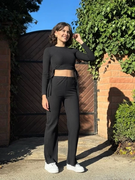 Kadın Yandan Bağlamalı Geniş Paçalı Fitil Kaşkorse İkili Takım - Resim 3