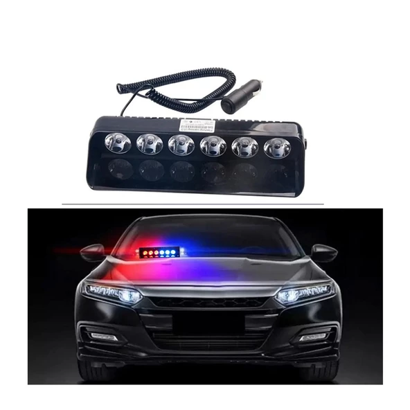 12V Araç içi Vantuzlu Cam Çakar Kırmızı Mavi 6 Led Kolay Montaj