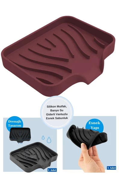 TİNEKE Silikon Mutfak, Banyo Su Giderli Vantuzlu Esnek Sabunluk Bordo Renk