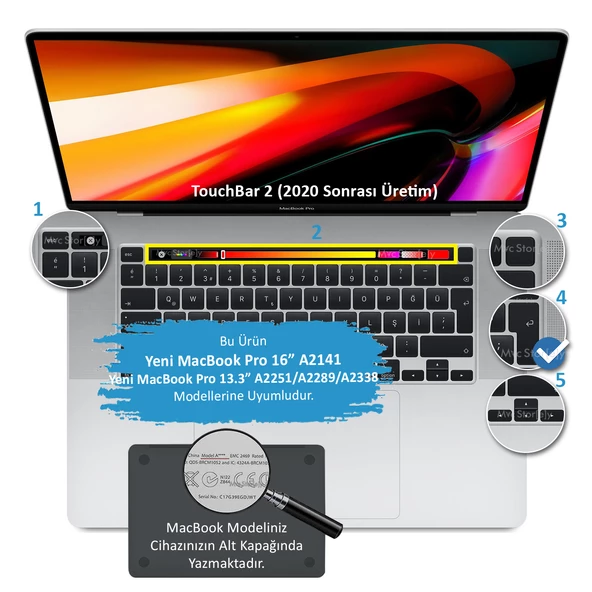 Macbook Pro 13inç M1-M2 Klavye Koruyucu Ombre Türkçe Q (Touchbarlı) A2338 A2289 A2251 A2141 ile Uyumlu - 2