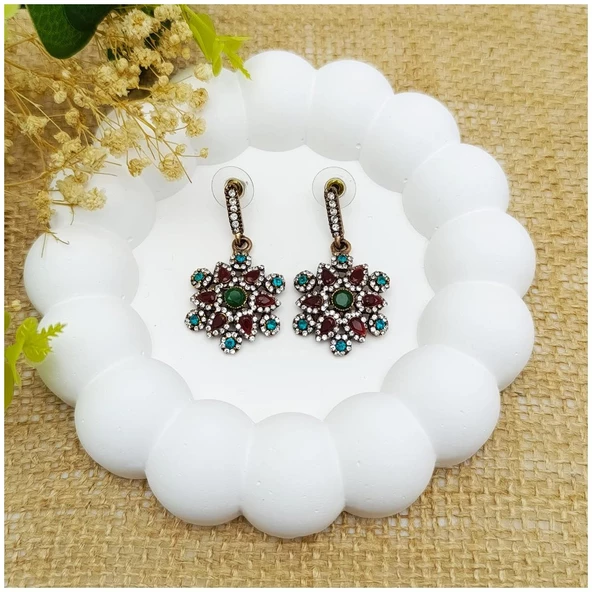 Kırmızı - Mavi - Yeşil Akik Retro Bronz Kadın Küpe