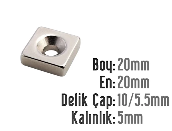 Neodyum Mıknatıs Köşeli Havşalı 20x20mm (delik 10/5.5mm) Kalıklık 5mm 2 Adet