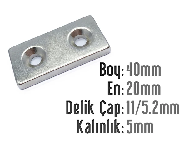 Neodyum Mıknatıs Köşeli Havşalı 40x20mm (delik 11/5.2mm) Kalıklık 5mm 1 Adet
