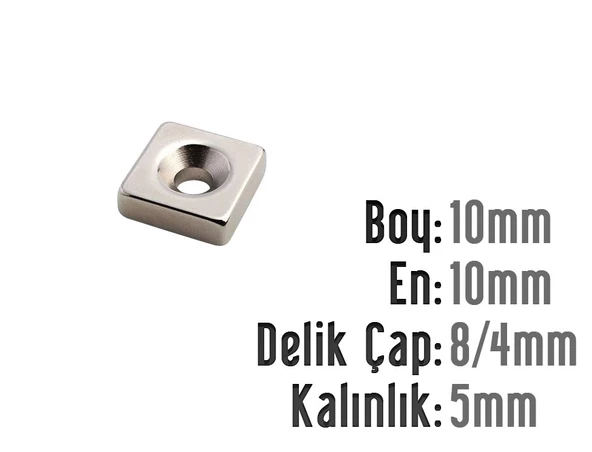 Neodyum Mıknatıs Köşeli Havşalı 10x10mm (delik 8/4mm) Kalıklık 5mm 2 Adet