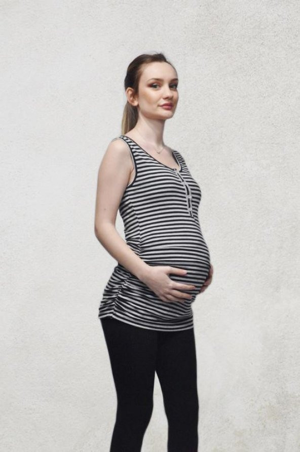 Merliyn gri siyah çizgili düğmeli hamile atlet
