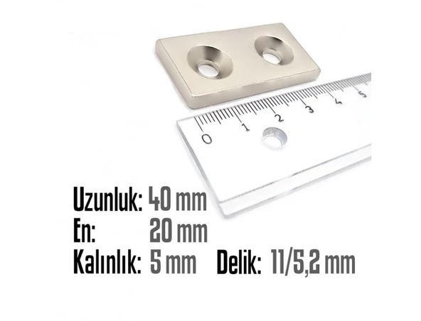 Neodyum Mıknatıs Köşeli Havşalı 40x20mm (delik 11/5.2mm) Kalıklık 5mm 1 Adet - 2