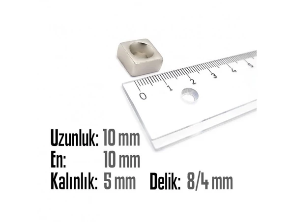 Neodyum Mıknatıs Köşeli Havşalı 10x10mm (delik 8/4mm) Kalıklık 5mm 2 Adet - 2