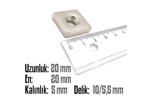 Neodyum Mıknatıs Köşeli Havşalı 20x20mm (delik 10/5.5mm) Kalıklık 5mm 2 Adet - 2