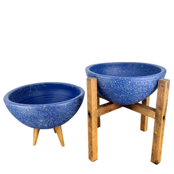 Bitki Tasarımı Ev Dekorasyon Lacivert Granit Aranjman Sunumluk Toprak Saksı 3-4 Ayaklı İkili Set 20 Cm Çap - 4