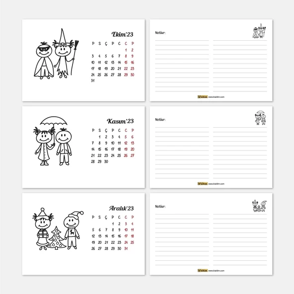 Dört Mevsim Çizgi Resimli Sevimli Çocuklar Takvimi, İlkbahar Yaz Sonbahar Kış Takvimi, Masa Takvimi - Resim 6