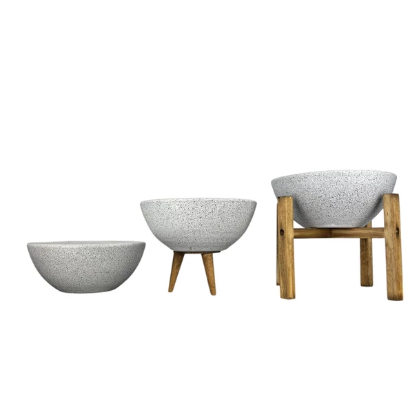 Bitki Tasarımı Ev Dekorasyon Beyaz Granit Aranjman Sunumluk Toprak Saksı Üçlü Set 20 Cm Çap - Resim 3