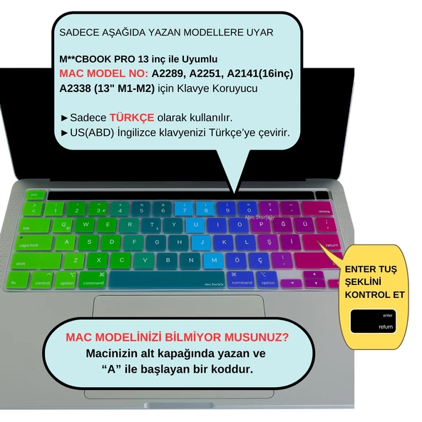 Macbook Pro Klavye Koruyucu 13inç M1-M2 (US to TR) Dazzle A2338 A2289 A2251 A2141 ile Uyumlu - 2