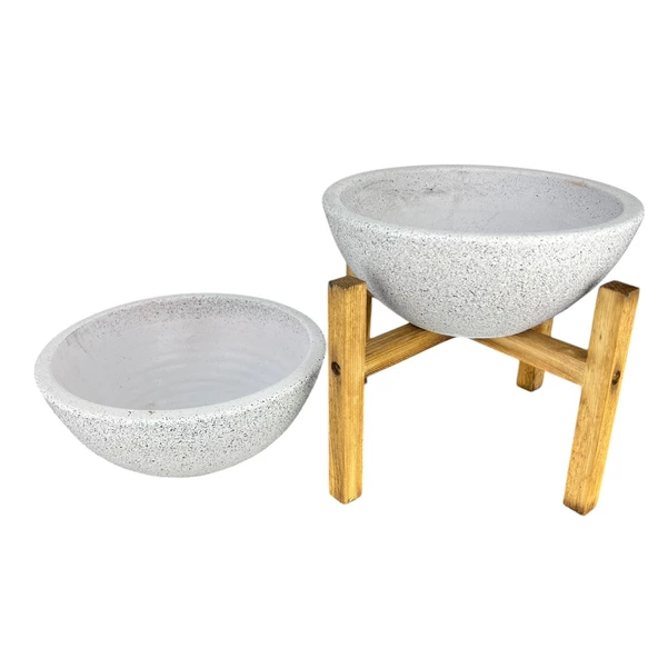 Bitki Tasarımı Ev Dekorasyon Beyaz Granit Aranjman Sunumluk Toprak Saksı Ayaksız Ve 4 Ayaklı İkili Set 20 Cm Çap - Resim 4