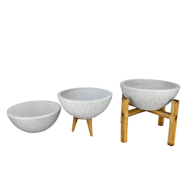 Bitki Tasarımı Ev Dekorasyon Beyaz Granit Aranjman Sunumluk Toprak Saksı Üçlü Set 20 Cm Çap - Resim 4