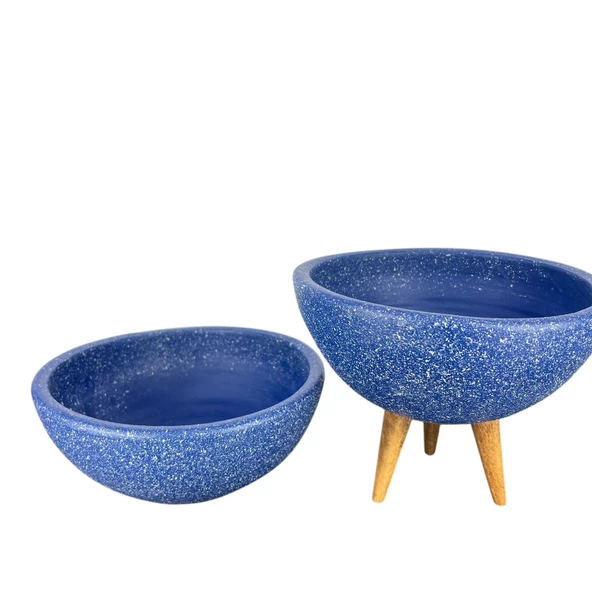 Bitki Tasarımı Ev Dekorasyon Lacivert Granit Aranjman Sunumluk Toprak Saksı Ayaksız Ve 3 Ayaklı İkili Set 20 Cm Çap - 3