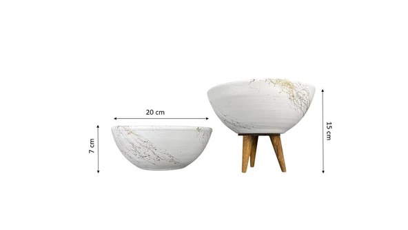 Bitki Tasarımı Ev Dekorasyon Beyaz Üzeri Gold Mermer Efektli Aranjman Sunumluk Toprak Saksı Ayaksız Ve 3 Ayaklı İkili Set 20 Cm Çap - 2
