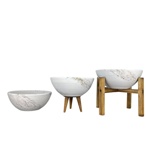 Bitki Tasarımı Ev Dekorasyon Beyaz Üzeri Gold Mermer Efektli Aranjman Sunumluk Toprak Saksı Üçlü Set 20 Cm Çap - Resim 4