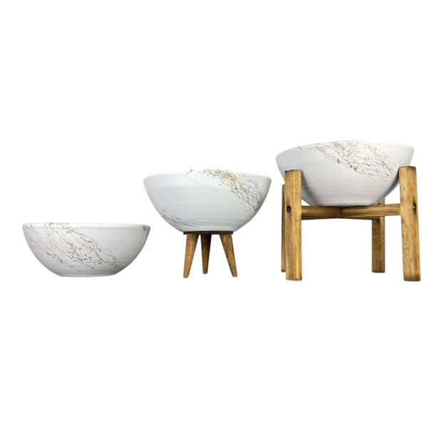 Bitki Tasarımı Ev Dekorasyon Beyaz Üzeri Gold Mermer Efektli Aranjman Sunumluk Toprak Saksı Üçlü Set 20 Cm Çap ürün görseli