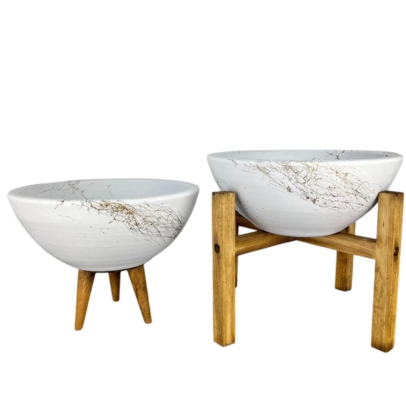 Bitki Tasarımı Ev Dekorasyon Beyaz Üzeri Gold Mermer Efektli Aranjman Sunumluk Toprak Saksı 3-4 Ayaklı İkili Set 20 Cm Çap - Resim 5