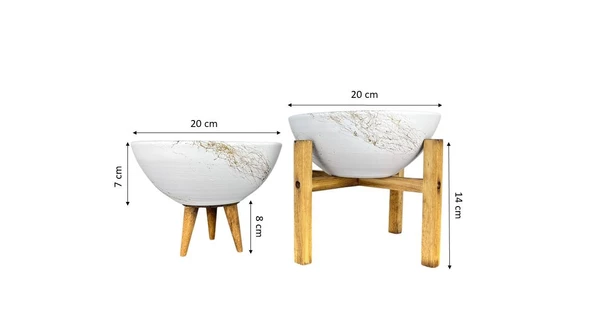 Bitki Tasarımı Ev Dekorasyon Beyaz Üzeri Gold Mermer Efektli Aranjman Sunumluk Toprak Saksı 3-4 Ayaklı İkili Set 20 Cm Çap - Resim 2