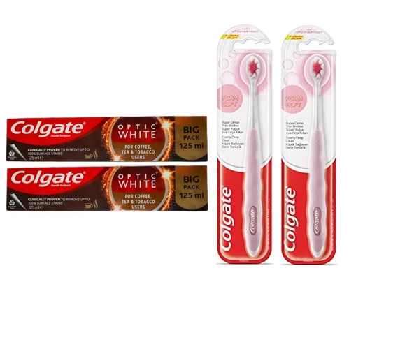 Colgate Optic White Kahve Çay ve Tütün Kullanıcıları Macunu 125Ml+Foamsoft Diş Eti Masajı Fırça 2+2