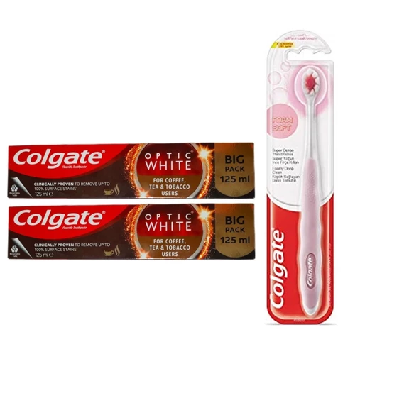 Colgate Optic White Kahve Çay ve Tütün Kullanıcıları Macunu 125Ml+Foamsoft Diş Eti Masajı Fırça 2+1