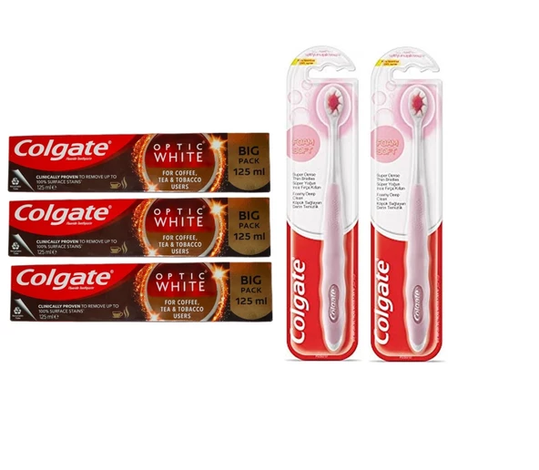 Colgate Optic White Kahve Çay ve Tütün Kullanıcıları Macunu 125Ml+Foamsoft Diş Eti Masajı Fırça3+2