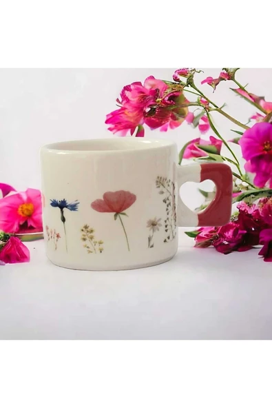 Zarif Çiçekler Baskılı El Yapımı Kırmızı Kalp Kuplu Kupa Bardak / Mug - Çay & Kahve Fincanı - 2