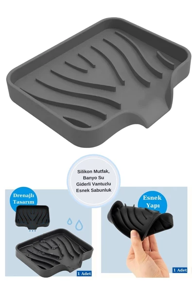 TİNEKE Silikon Mutfak, Banyo Su Giderli Vantuzlu Esnek Sabunluk GRİ Renk