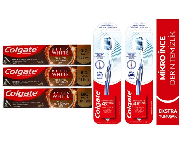 Colgate Optic White Kahve Çay Tütün Kullanıcıları Macun 125Ml+Mikro Ince Advanced Manuel Diş Fırçası 3 + 2 Adet