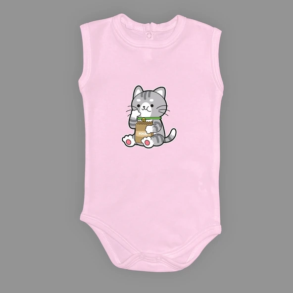 Mama Yiyen Kedi Baskılı Bebek Çıtçıtlı Body Uzun Kısa Kolsuz - Resim 8