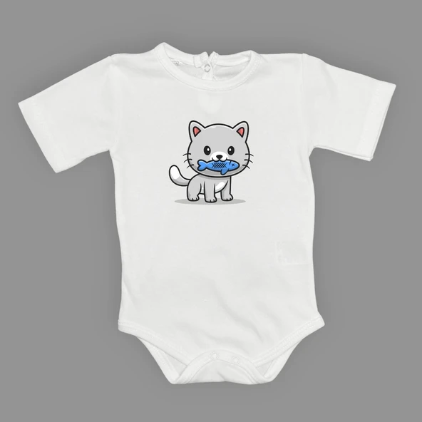 Balıklı Kedi Baskılı Bebek Çıtçıtlı Body Uzun Kısa Kolsuz Mnk00685 - 6