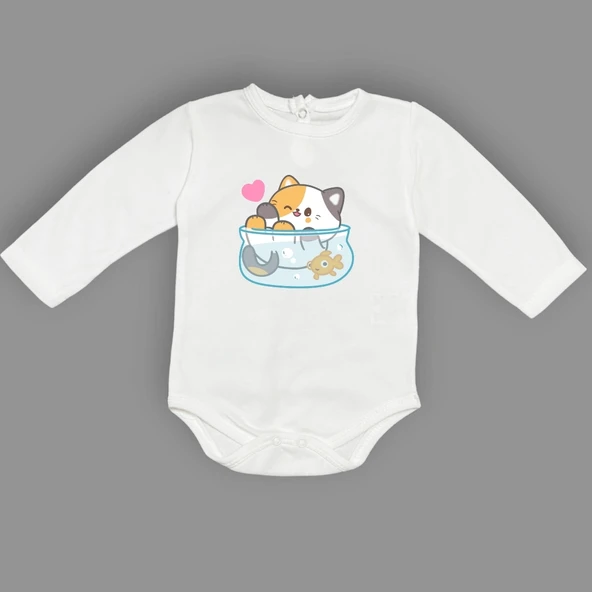 Akvaryum Kedi Baskılı Bebek Çıtçıtlı Body Uzun Kısa Kolsuz mnk00687 - Resim 5