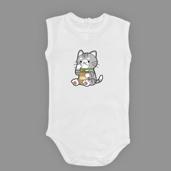 Mama Yiyen Kedi Baskılı Bebek Çıtçıtlı Body Uzun Kısa Kolsuz - Resim 10