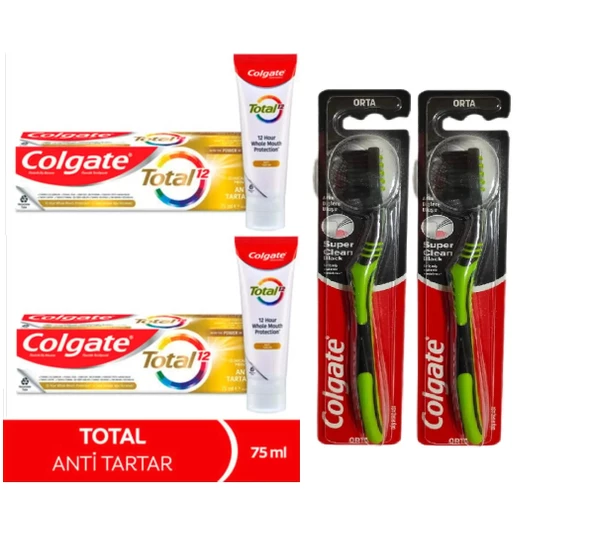 Colgate Dıs Macunu Total Antı Tartar 75 ml + Colgate Süper Clean Black Orta Diş Fırçası 2+2