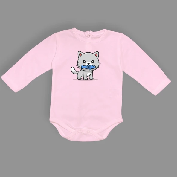 Balıklı Kedi Baskılı Bebek Çıtçıtlı Body Uzun Kısa Kolsuz Mnk00685 - 2