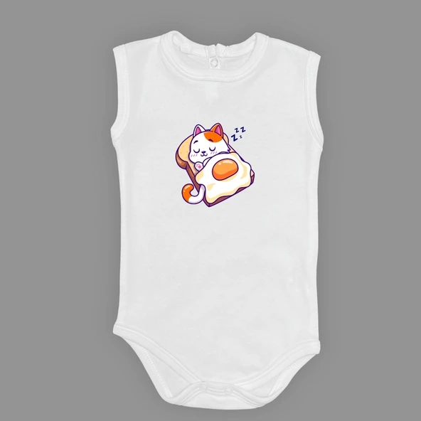 Uyuyan Kedi Baskılı Bebek Çıtçıtlı Body Uzun Kısa Kolsuz Mnk682 - Resim 10