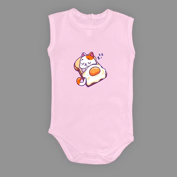 Uyuyan Kedi Baskılı Bebek Çıtçıtlı Body Uzun Kısa Kolsuz Mnk682 - 4