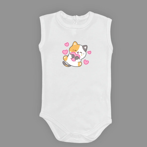 Kalpli Kedi Baskılı Bebek Çıtçıtlı Body Uzun Kısa Kolsuz Mnk00684