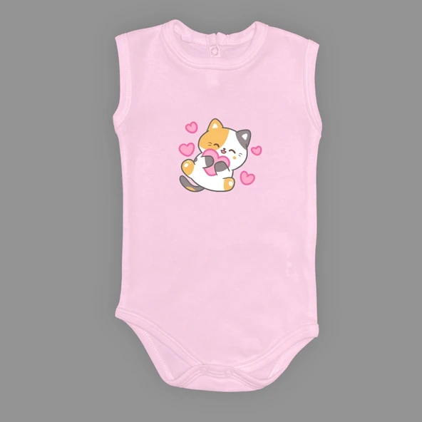 Kalpli Kedi Baskılı Bebek Çıtçıtlı Body Uzun Kısa Kolsuz Mnk00684 - 8