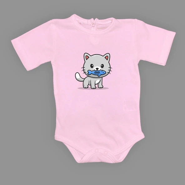 Balıklı Kedi Baskılı Bebek Çıtçıtlı Body Uzun Kısa Kolsuz Mnk00685 - 4